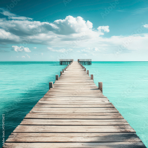 A wooden pier with a pier walkway leading to the water. The pier is surrounded by a beautiful blue ocean