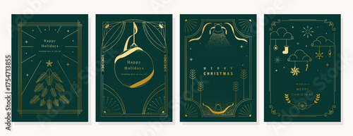 Elegant Merry Christmas and Happy New Year greeting card vector set with gold line art decorations, green background, holiday frames for celebration