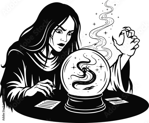 Fortune teller with crystal ball illustration, mystical divination artwork, magical fantasy character, cosmic prophecy design, mysterious supernatural scene, occult-inspired theme
