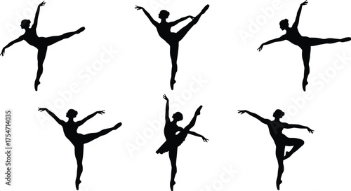 Silhouettes of ballet dancers in elegant poses, classical movement, tutu costume, graceful posture, black and white contrast, flexibility, balance, dance performance, art