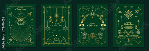 Elegant Merry Christmas and Happy New Year greeting card vector set with gold line art decorations, green background, holiday frames for celebration