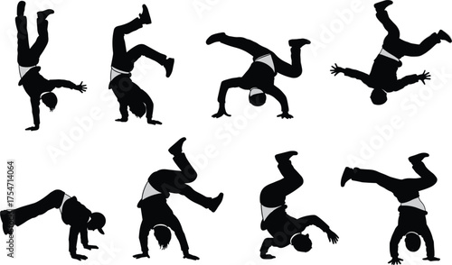 Breakdancer silhouette sequence, handstand transition, freeze move, dynamic motion, black and white contrast, street dance, athletic pose, energy, balance, coordination