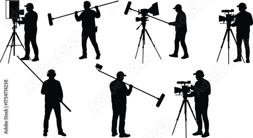 Film production silhouettes, camera operators, boom mic technicians, lighting crew, video shoot setup, cinematic equipment, media professionals, black vector icons, behind-the-scenes roles
