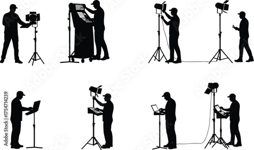 Film production silhouettes, lighting setup, laptop workstation, control panel operator, media crew, video shoot tools, black vector icons, cinematic equipment, studio professionals