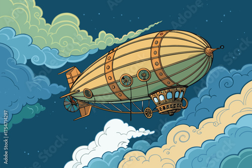 A vintage airship floats serenely through a starry night sky.