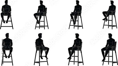 Male silhouette sitting on stool, various poses, body posture reference, artistic anatomy study, ergonomic design concept, black vector illustration, human figure