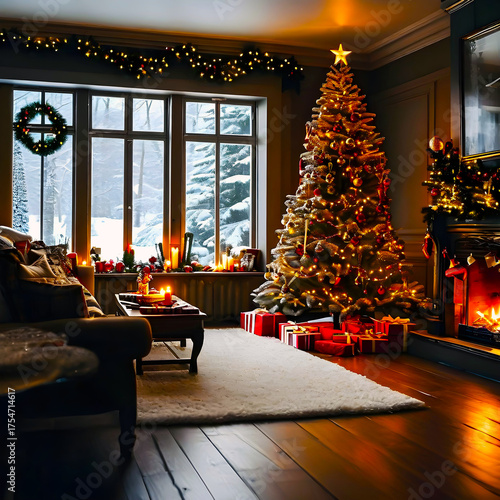 A room decorated for Christmas Day with a Christmas tree and gif