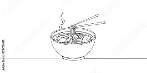Continuous one line of steaming bowl of ramen with chopsticks, style drawing vector illustration.
