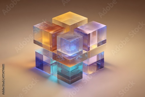 Multicolored translucent cubes arranged in a complex, geometric design on a neutral backdrop, showcasing interplay of light and shadow.
