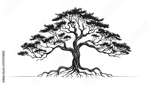 Vector illustrations and sketches depict a dinosaur silhouette and a tree in black and white drawing art, blending animal and nature design