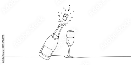 Continuous one line drawing of champagne bottle and glass cup, minimalist celebration theme, style drawing vector illustration.