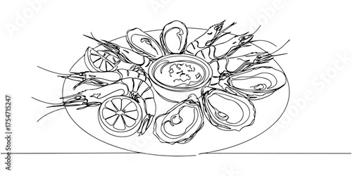 Continuous one line of seafood on a plate with shrimp, oysters, and lemon slices, minimalist fine dining style drawing vector illustration.
