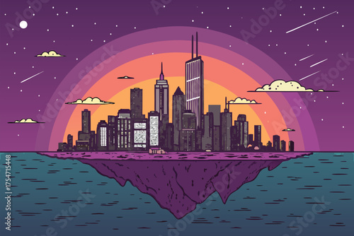 A surreal cityscape floats on a rocky island above water.