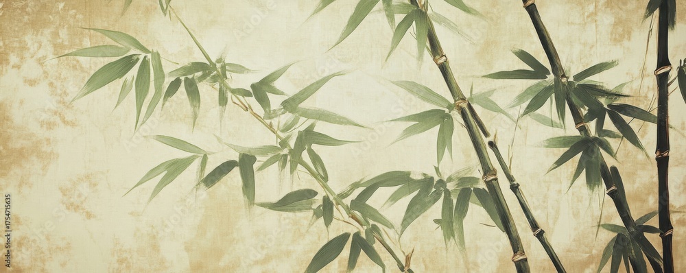 Fototapeta premium Tranquil painting of bamboo with light green leaves creating a serene and calming atmosphere on a textured background for art lovers and home decor enthusiasts.