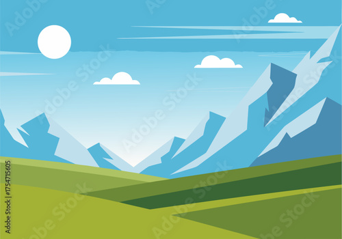 Vast mountain landscape with green rolling hills under a clear blue sky with scattered clouds and a bright sun