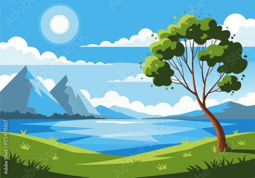 Serene Landscape Illustration Featuring a Majestic Tree on a Hill Overlooking a Calm Lake with Mountains Under a Sunny Sky with Clouds