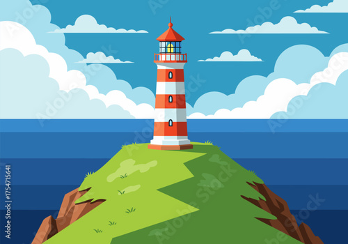 A classic red and white striped lighthouse standing proudly on a grassy cliff overlooking a calm blue ocean under a cloudy sky