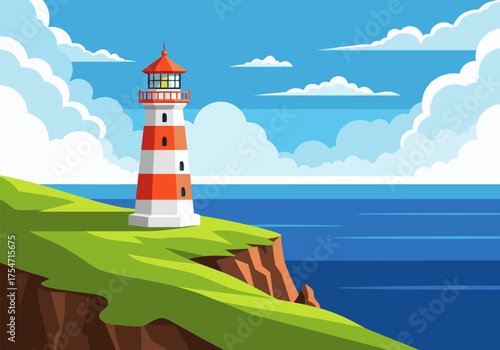 Lighthouse standing tall on a green cliff overlooking the vast blue ocean under a cloudy sky, a beacon of guidance and hope by the sea