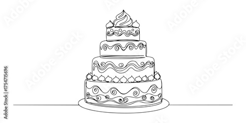 Continuous one line of luxurious layer cake with intricate frosting pattern, style drawing vector illustration.
