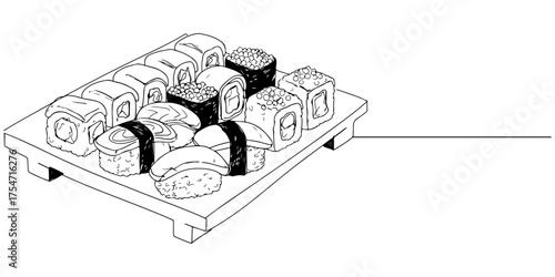 Continuous one line of onigiri with pieces on a cutting board, style drawing vector illustration.