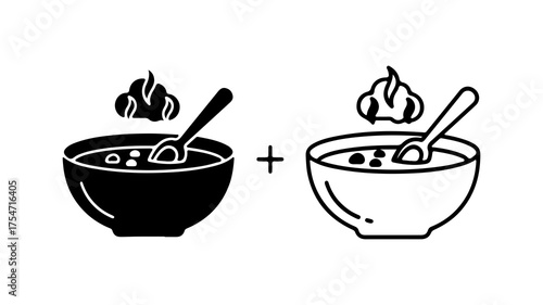 Hot soup bowls with steam and spoon with transparent background