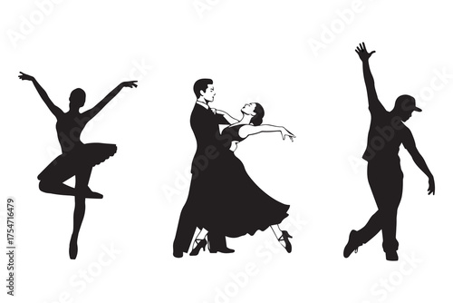 Silhouettes of three dancers performing ballet ballroom and modern dance styles on white background