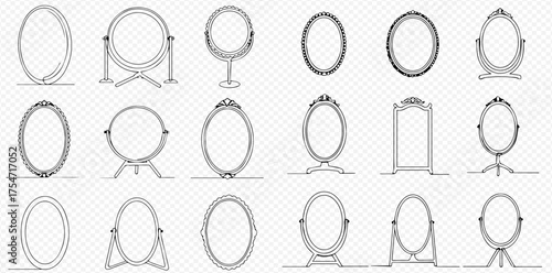 A collection of various outline drawings of vintage and modern mirrors with different shapes and stands, including oval, round, and rectangular designs for vanity and dressing tables.