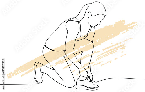 Single line drawing a woman kneeling tying shoelaces with beige abstract brush strokes