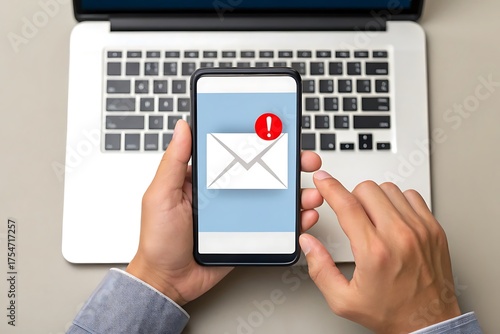 Person holding smartphone with email notification over laptop keyboard