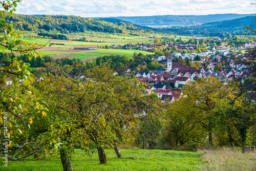 Germany, Rudersberg city panorama view above houses, roofs and green nature landscape on sunny day in rems murr kreis region