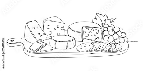 Continuous one line of cheese board with various kinds of cheese, grapes and crackers, elegant culinary style drawing vector illustration.
