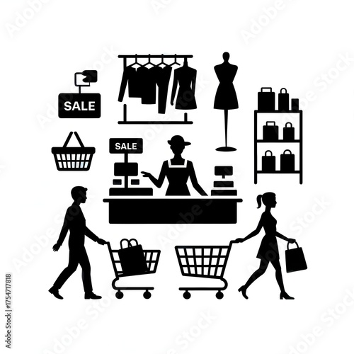 Retail Shopping Silhouette Vector — Cashier, Customers, and Fashion Store Elements