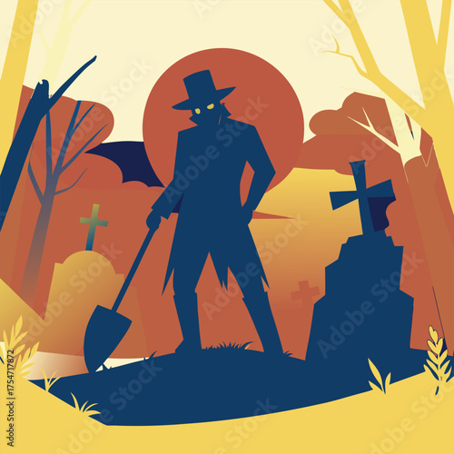  A dramatic silhouette of a lone grave digger leaning on a shovel in a misty graveyard against a pale blue backlight..