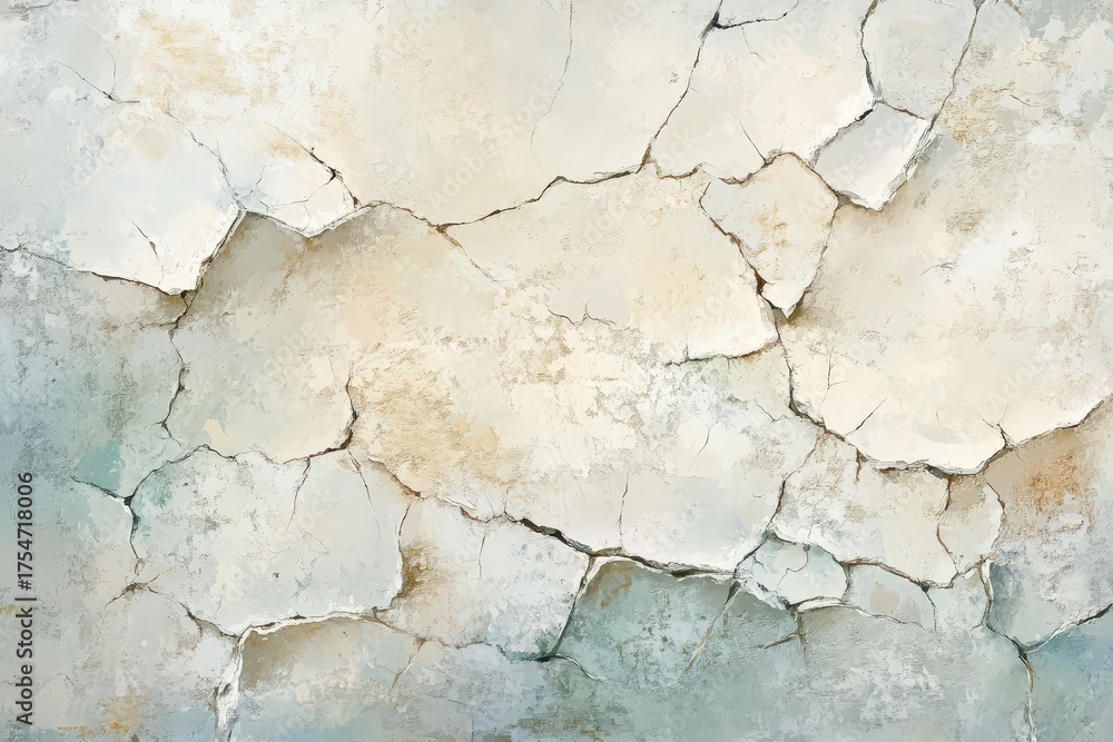 Fototapeta premium A weathered, cracked surface displays a spectrum of pale neutrals, from creams to muted blues and grays.