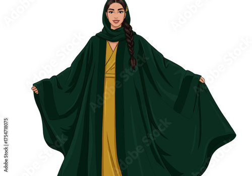 Elegant Muslim Woman in Green Abaya with Yellow Dress - Vector Illustration