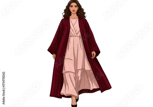 Elegant woman in a flowing maroon abaya and blush pink dress, showcasing modest fashion and sophisticated style