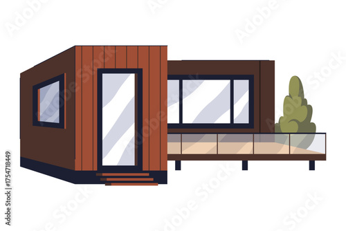 Isometric modular house or building exterior. Vector dwelling or smart construction, home container or transportable apartment, living property. Prefabricated architecture or portable structure.