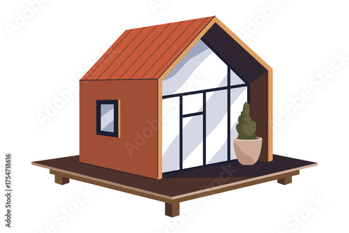 Modular house unit. Vector contemporary eco home. Portable accommodation or mobile building. Living construction efficiency. Isometric transportable prefabricated dwelling. Urban architecture outdoor.