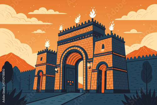 A stylized illustration of an ancient gate with a mountain backdrop.