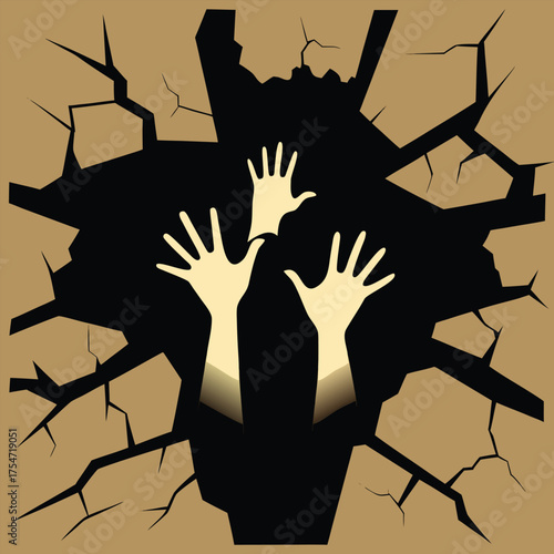 A dramatic silhouette of desperate hands reaching for each other through a large crack in a stone wall