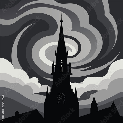 A stark silhouette of a gothic cathedral spire reaching up against a swirling, stormy gray sky..