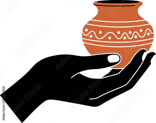 Artisan hand holding terracotta ceramic pot vector