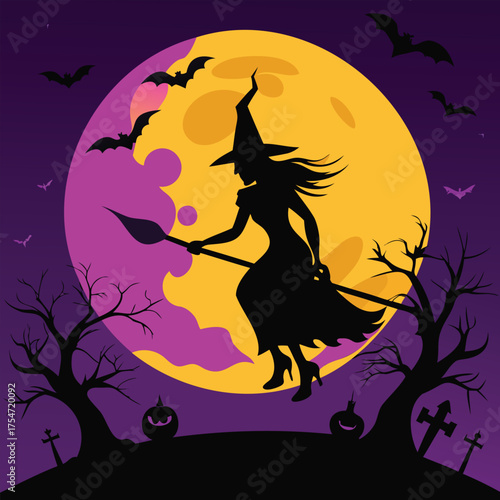 A stark, high-contrast silhouette of a lone witch on a broomstick against a huge, full orange moon and swirling purple
