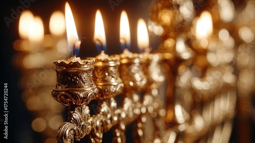 Golden menorah with flickering candles illuminating a warm, festive atmosphere during celebration