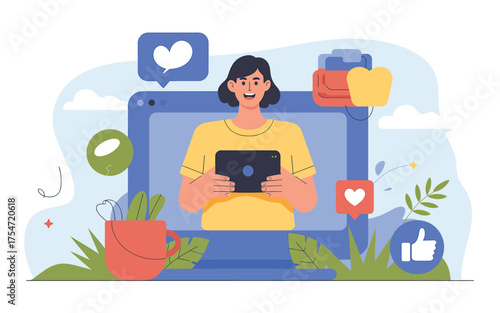 Woman engaged in social media marketing on computer with likes hearts and thumbs up icons