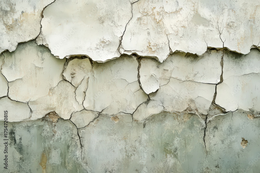 Obraz premium A weathered, light gray concrete wall displays a network of deep cracks and peeling paint.