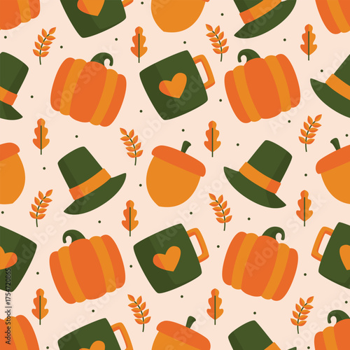 Thanksgiving themed seamless pattern featuring pumpkin, pilgrim hat, mug, and acorn ideal for wrapping paper, wallpaper, print, and textiles.