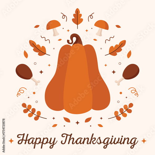 Thanksgiving design with big pumpkin and seasonal elements like mushroom and autumn leaves perfect for social media posts, campaigns, and events.