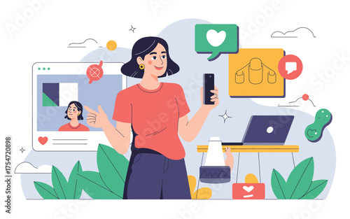 Social media marketing strategy woman engaging with digital content and analytics for business growth