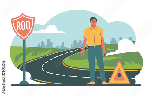 Man with road safety sign and warning triangle ensuring safe driving on a winding road